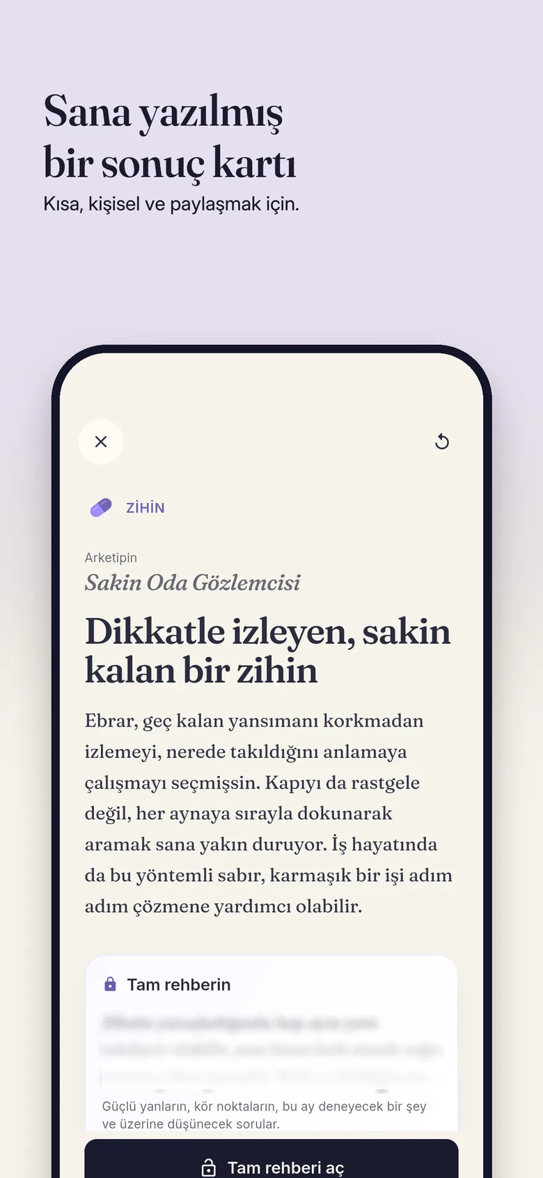 Arketip ve sana yazılmış başlıkla sonuç kartı